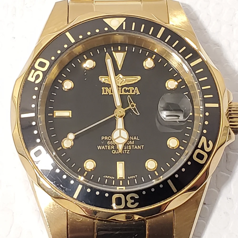 Invicta Men's Date Black Dial Gold Plated Quartz Watch WR 200 Meters